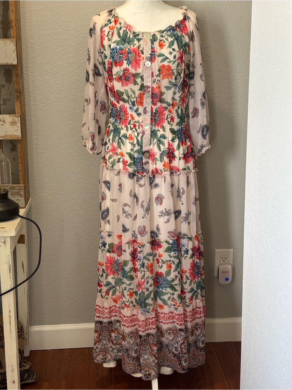 fig and flower White Floral Maxi Dress with Blue & Orange Accents
